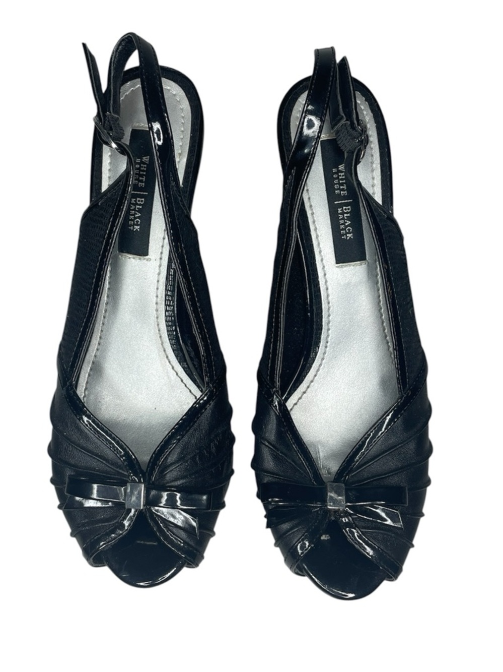 White House Black Market Black Slingback Peep-Toe Heels with Bow Detail